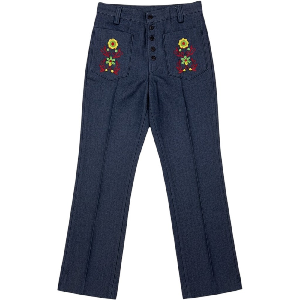 Vintage Floral Embroidered High Waisted Jeans Button Fly Dark Wash Denim 27